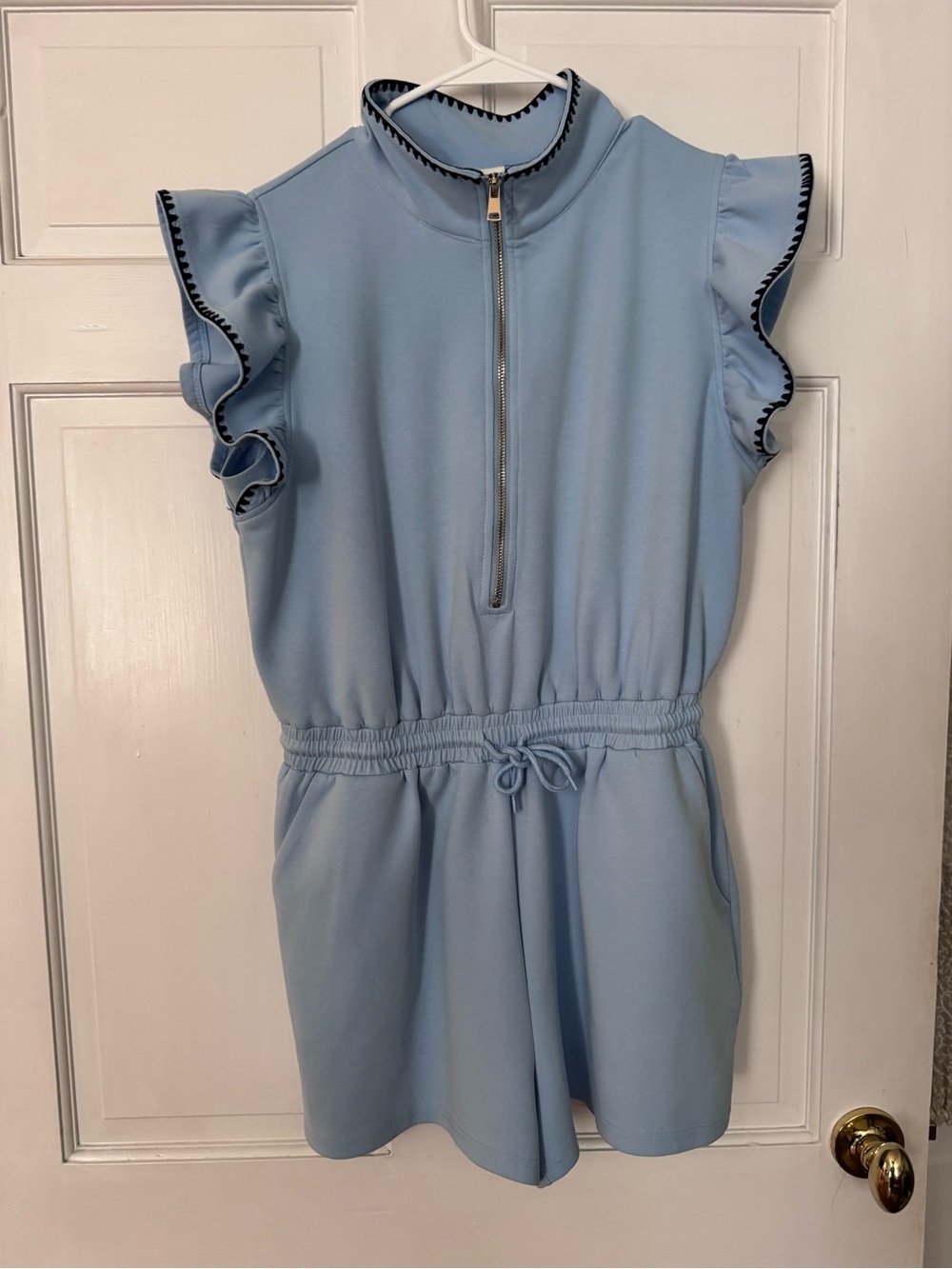 Umgee Light Blue Zip-Front Flutter Sleeve Romper